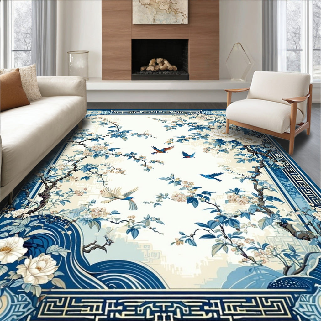 Blue Floral Birds With Waves Design Rug