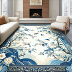 Blue Floral Birds With Waves Design Rug