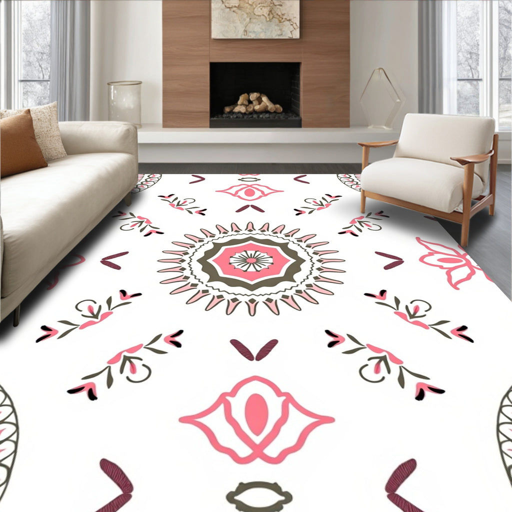 Pink Cream Coral Medallion Folk Art Rug