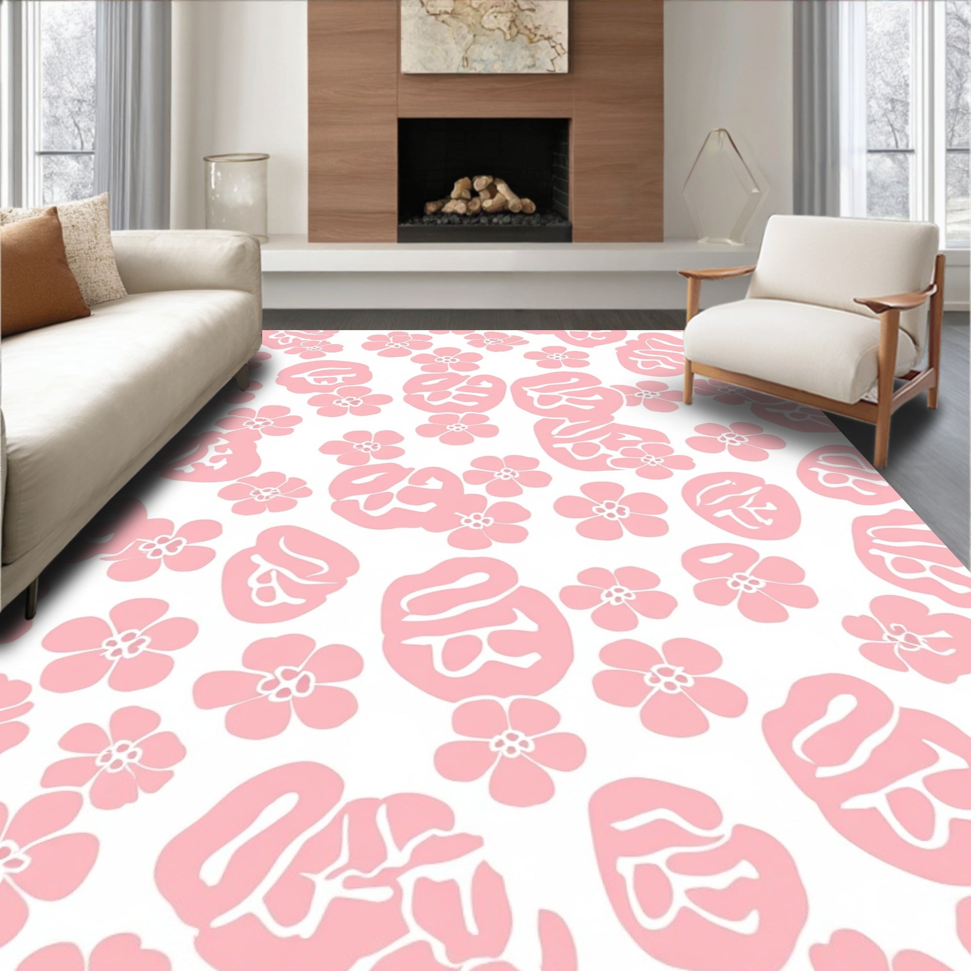 Pink Abstract Floral Pattern Rug