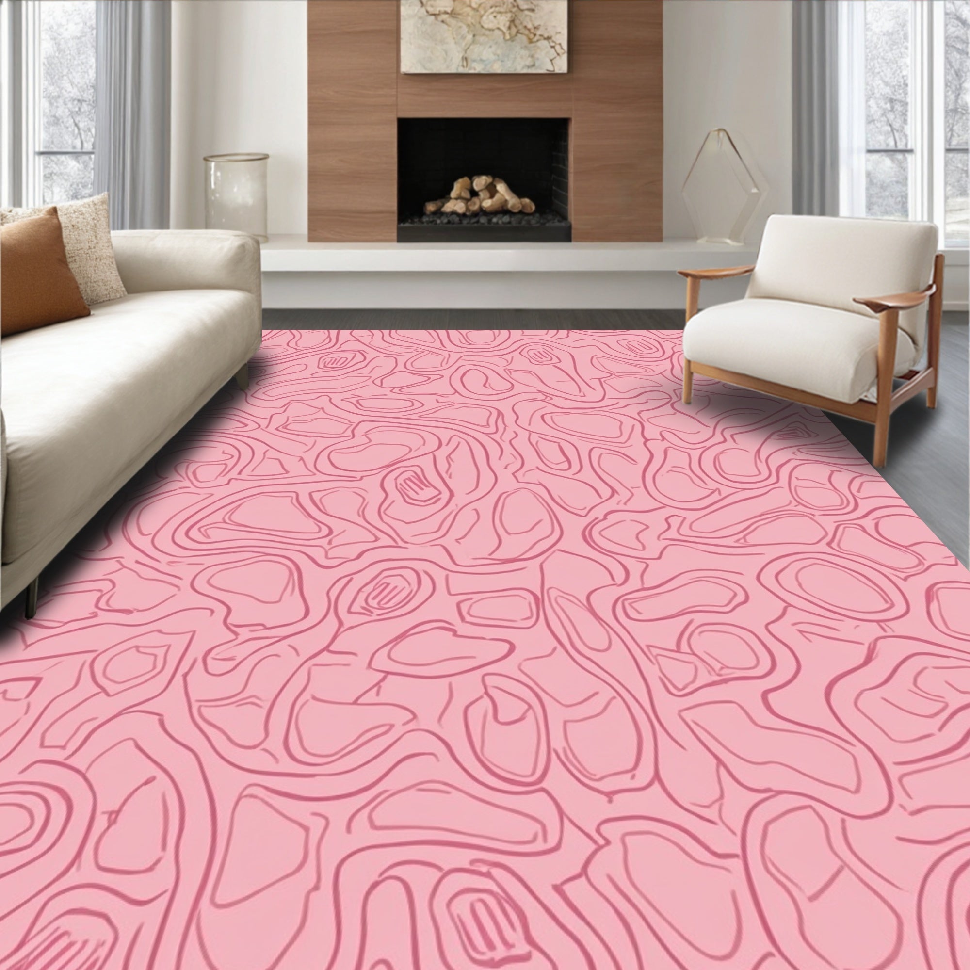 Pink Abstract Contour Line Design Rug