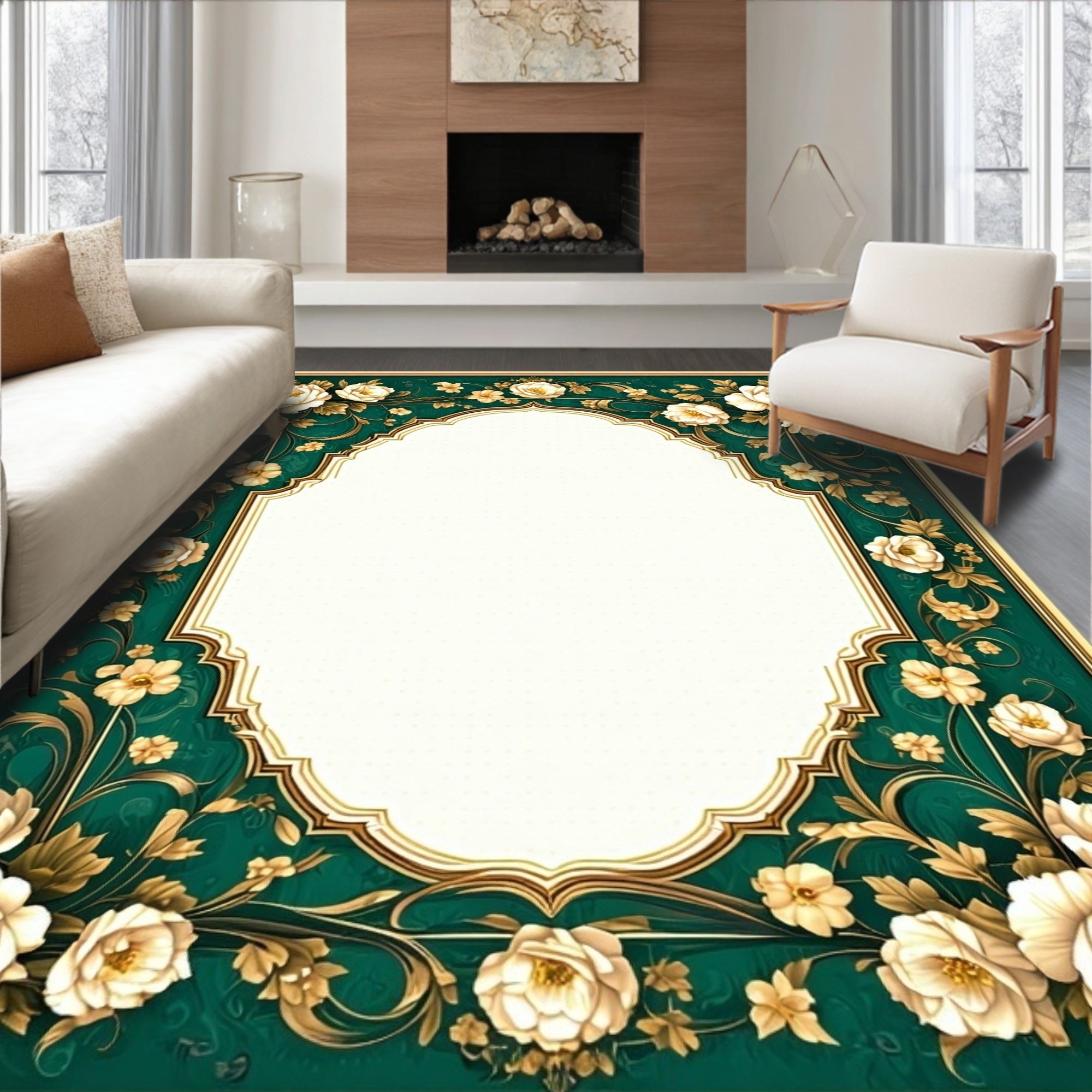 Elegant Emerald White Floral Scroll Rug