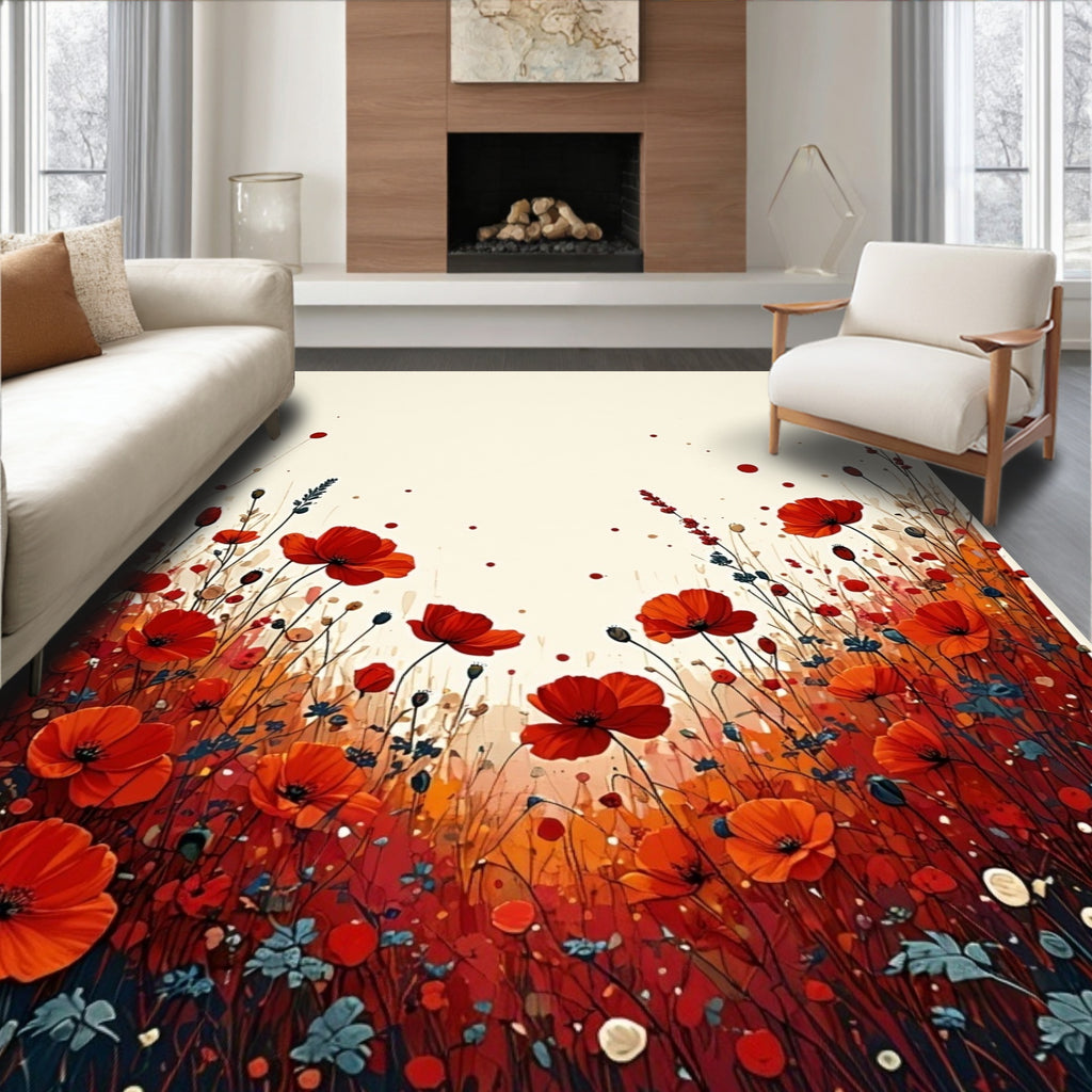 Vibrant Red Poppies Field Pattern Rug