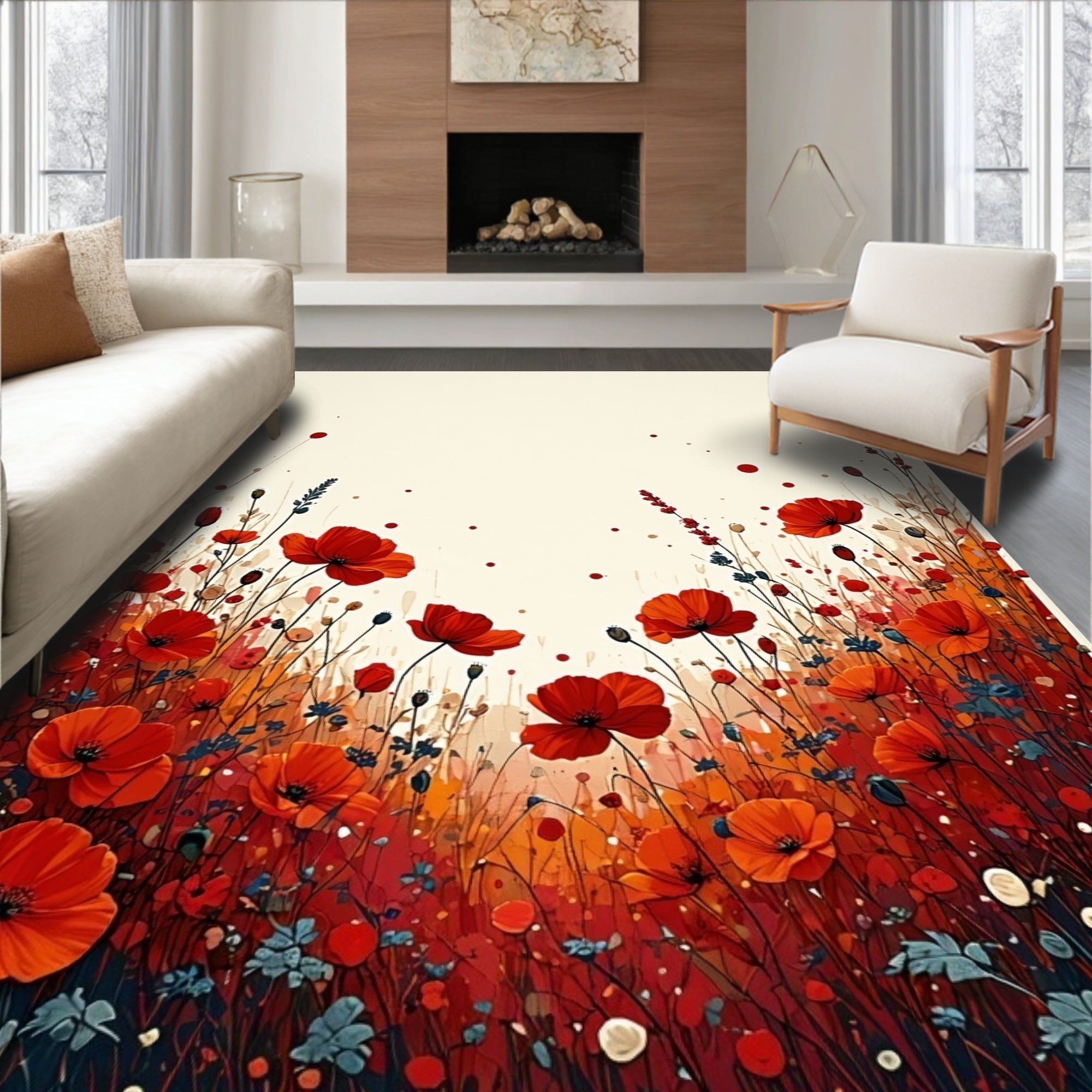 Vibrant Red Poppies Field Pattern Rug