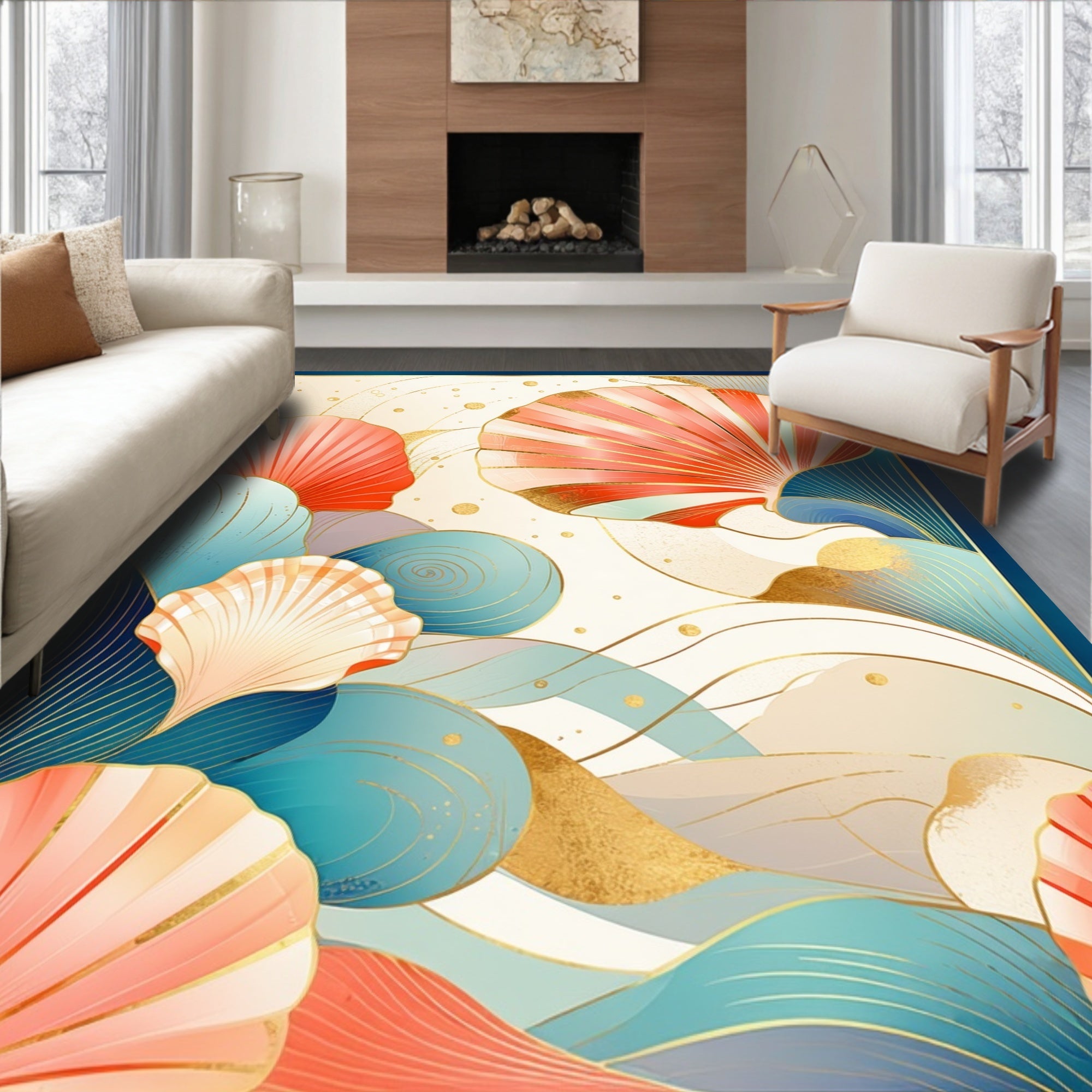 Coral Seashell Waves With Gold Accents Rug