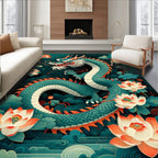 Mystical Teal Dragon Lotus Design Rug