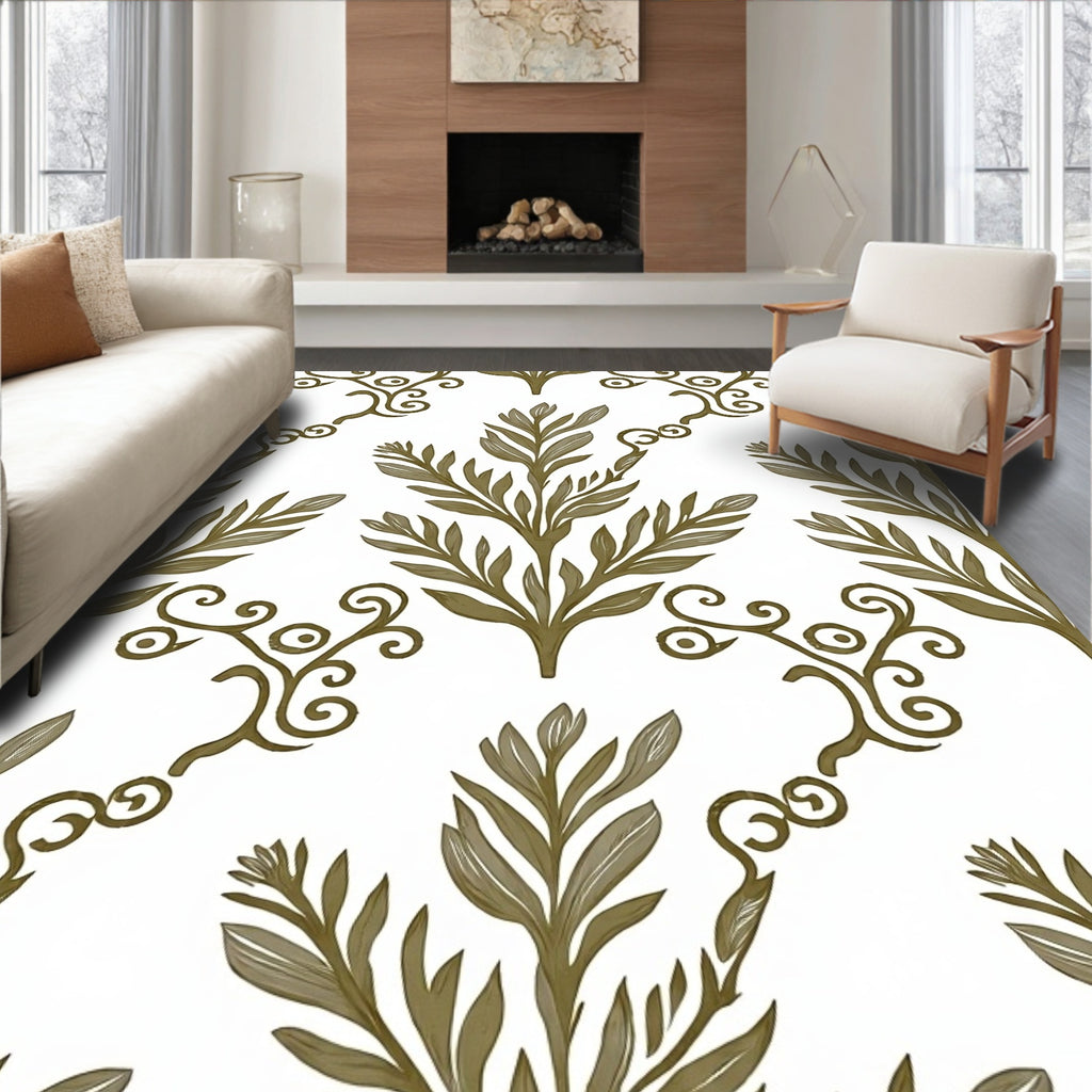 Olive Branch Scrollwork Nature Pattern Rug