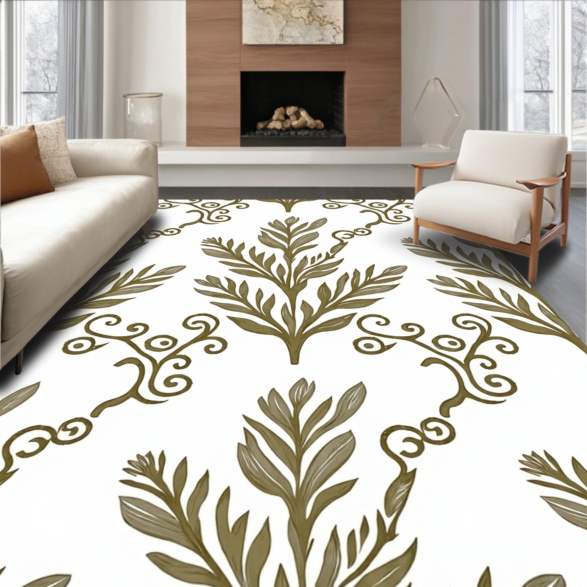 Olive Branch Scrollwork Nature Pattern Rug