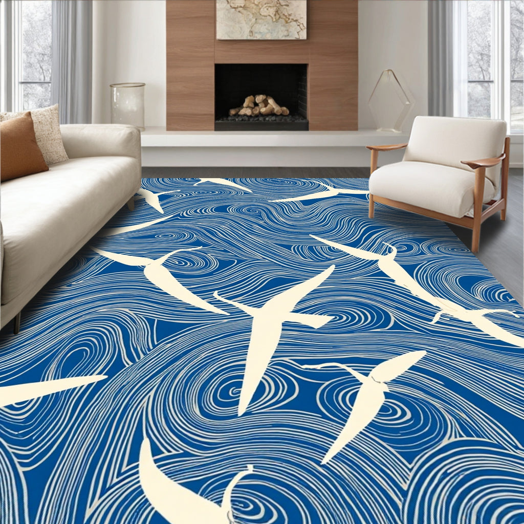 Blue Swirling Waves Birds Design Rug