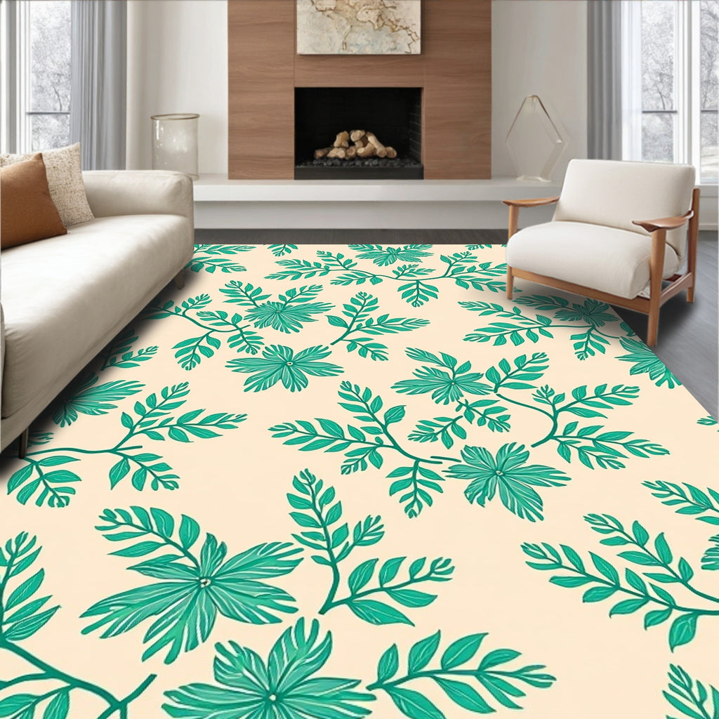 Teal Leafy Vine Pattern Design Rug
