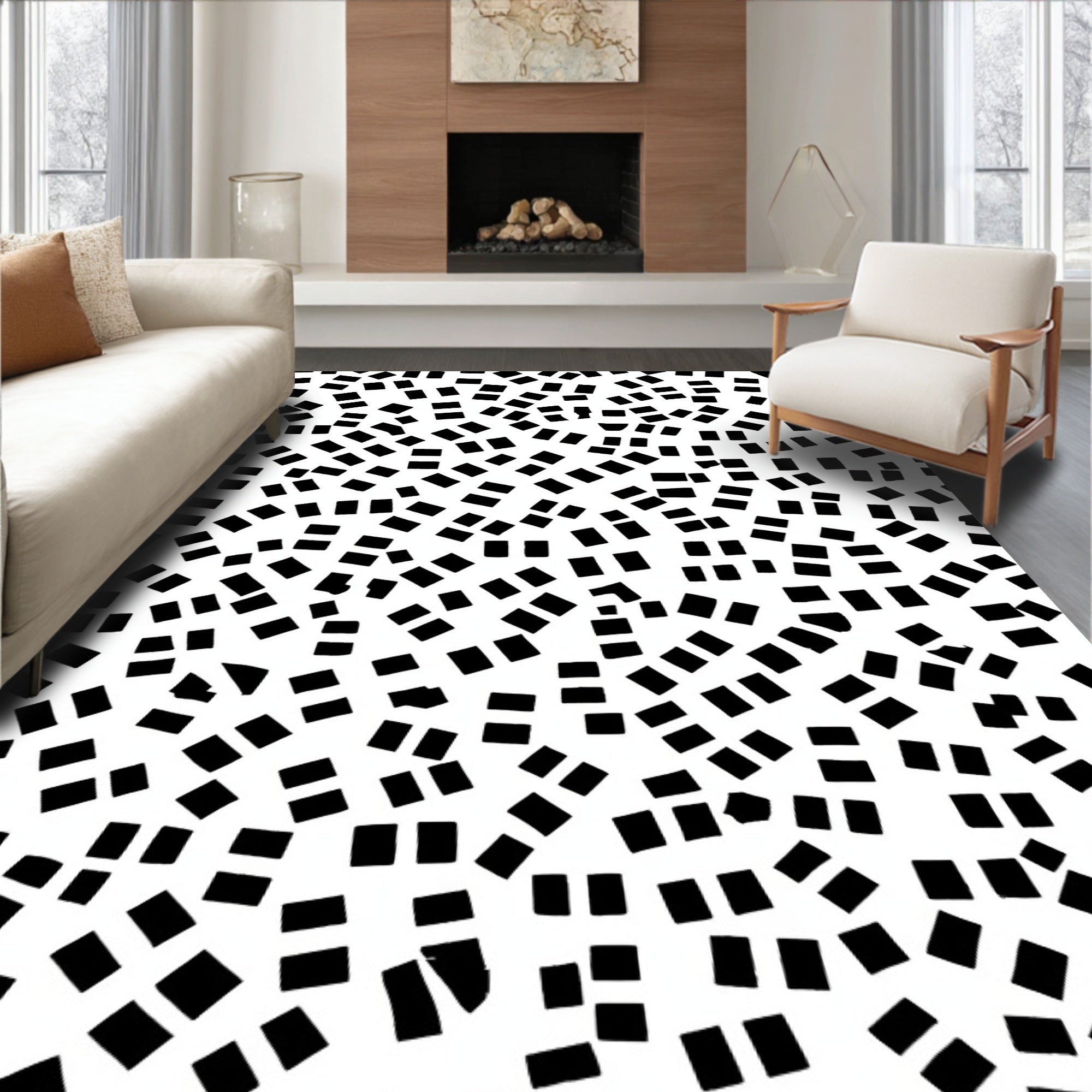Abstract Black White Dash Pattern Rug