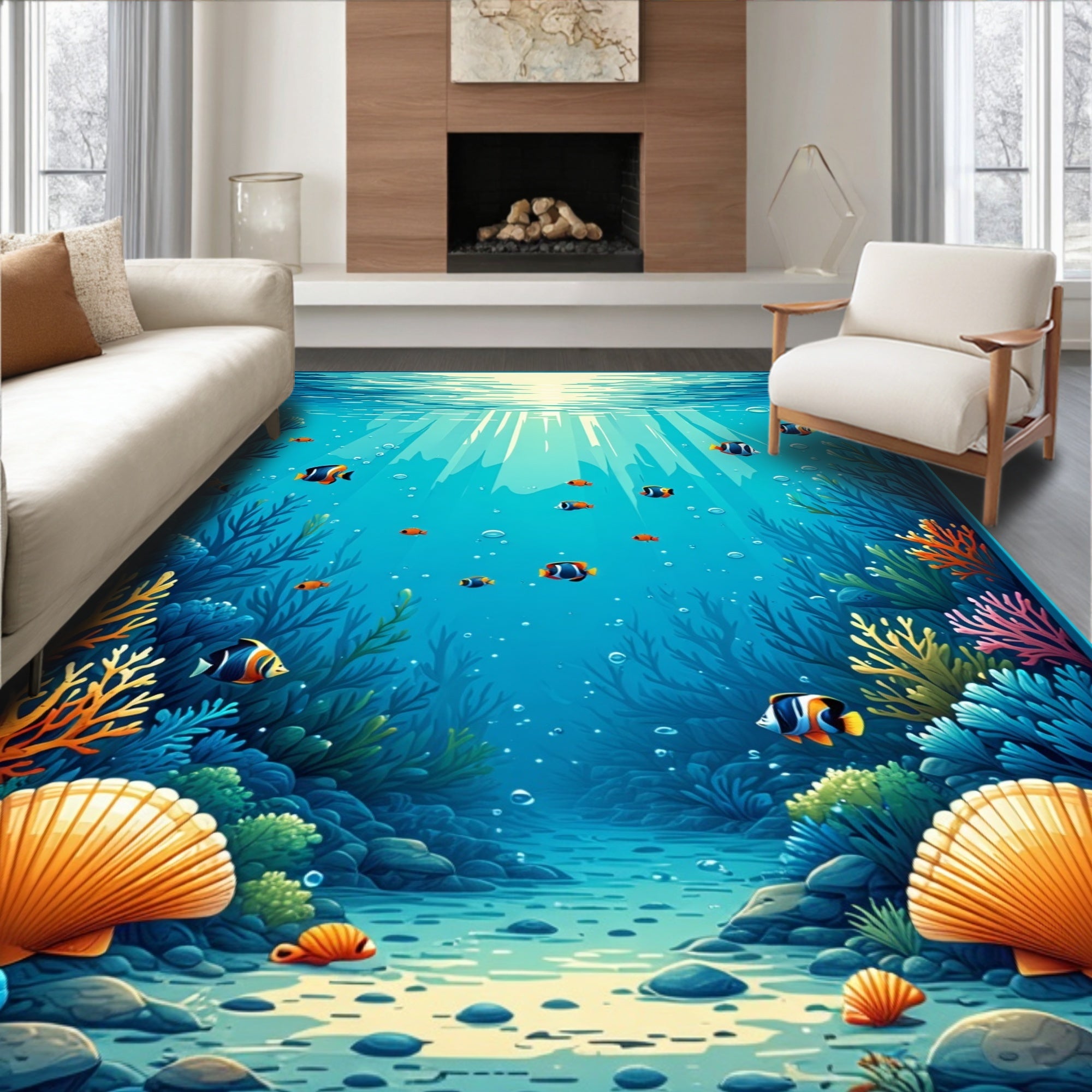 Vibrant Underwater Coral Reef Fish Pattern Rug