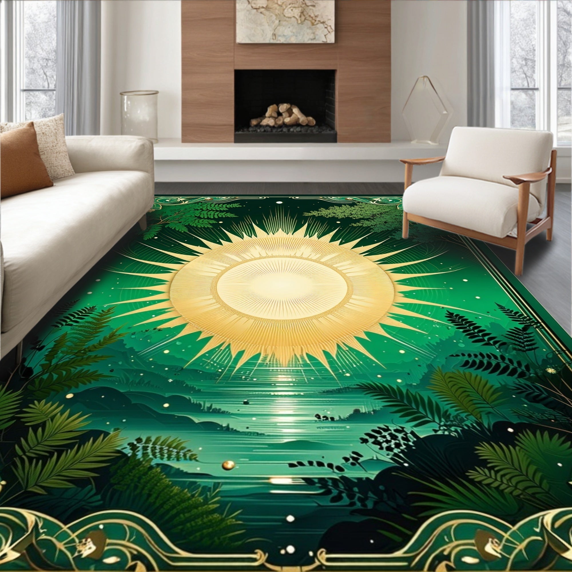 Sunlit Emerald Forest Landscape Design Rug