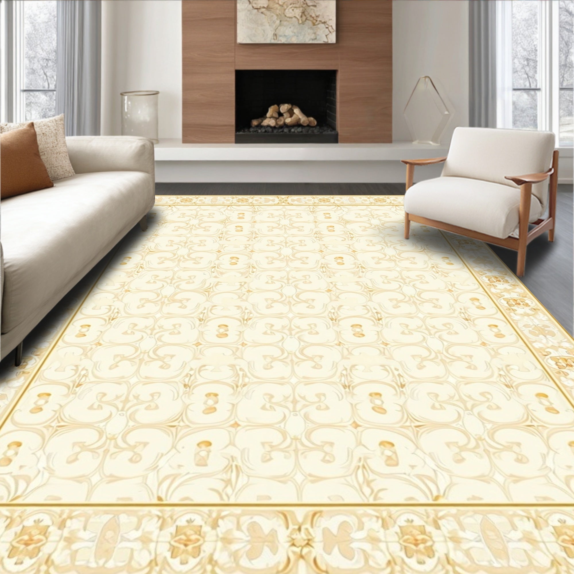 Elegant Cream Golden Scroll Pattern Rug