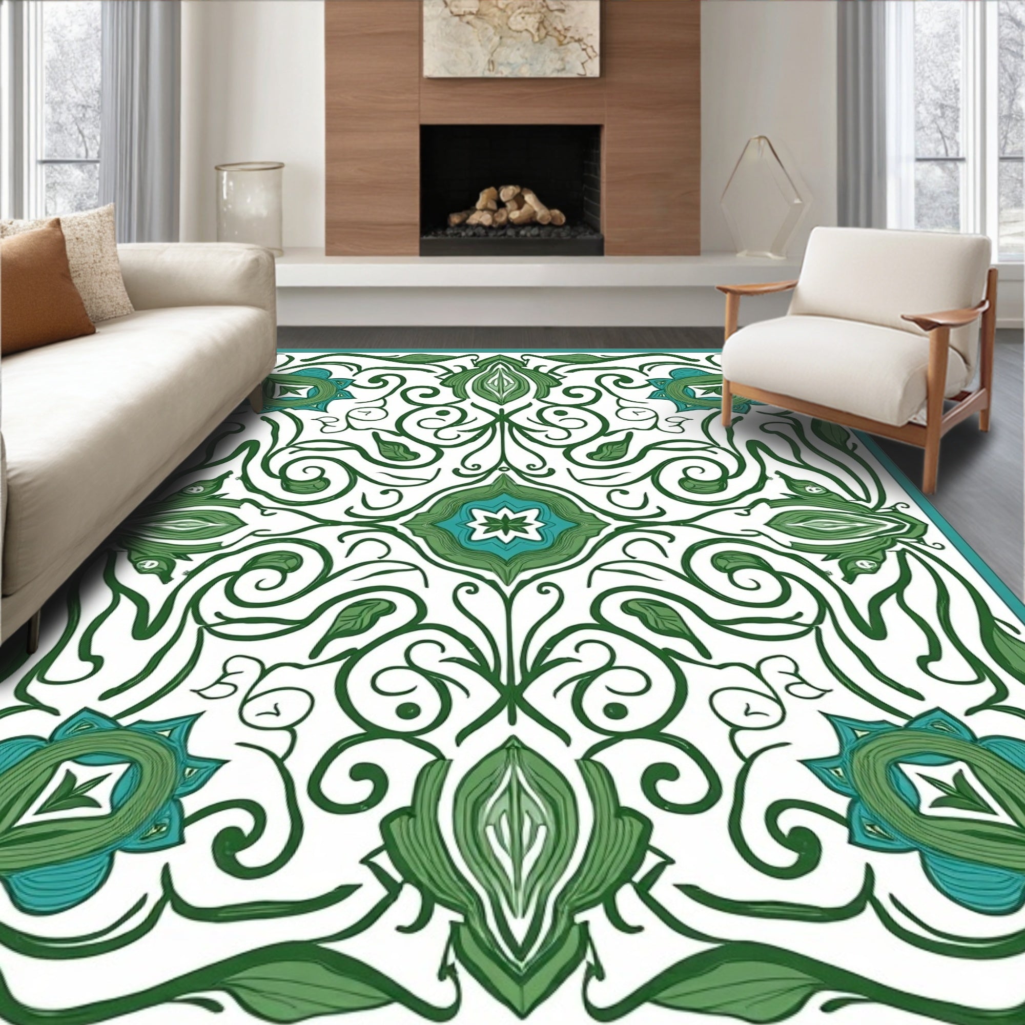 Green Floral Art Nouveau Pattern Rug