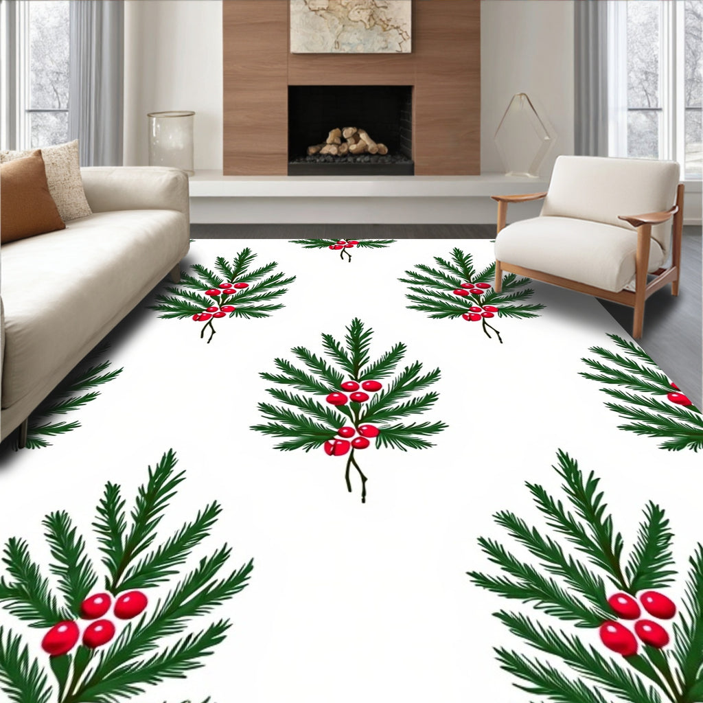 Green Fir Boughs Red Holly Berries Rug