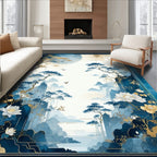 Serene Blue Gold Landscape Artwork Rug