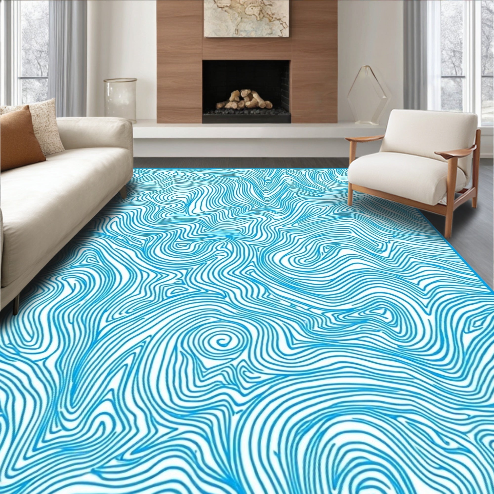 Abstract Blue Swirl Topography Pattern Rug