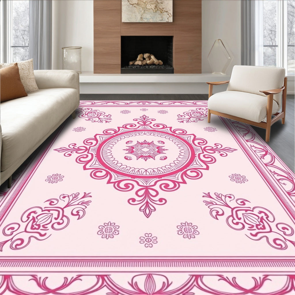 Ornate Pink Floral Medallion Design Rug
