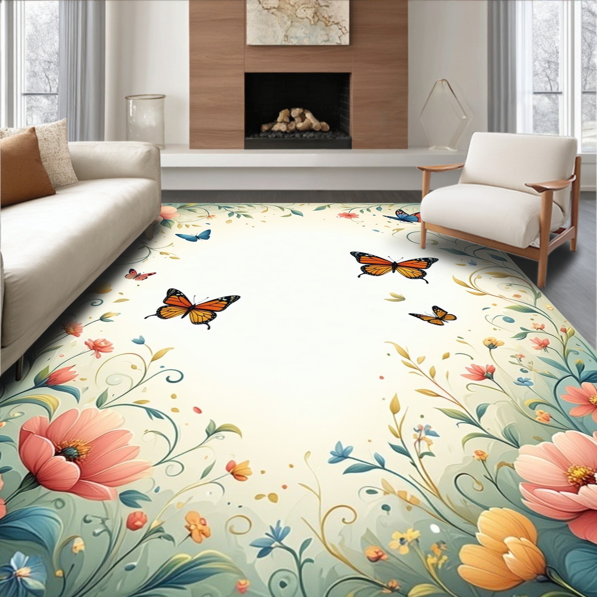 Whimsical Butterfly Floral Garden Pattern Rug
