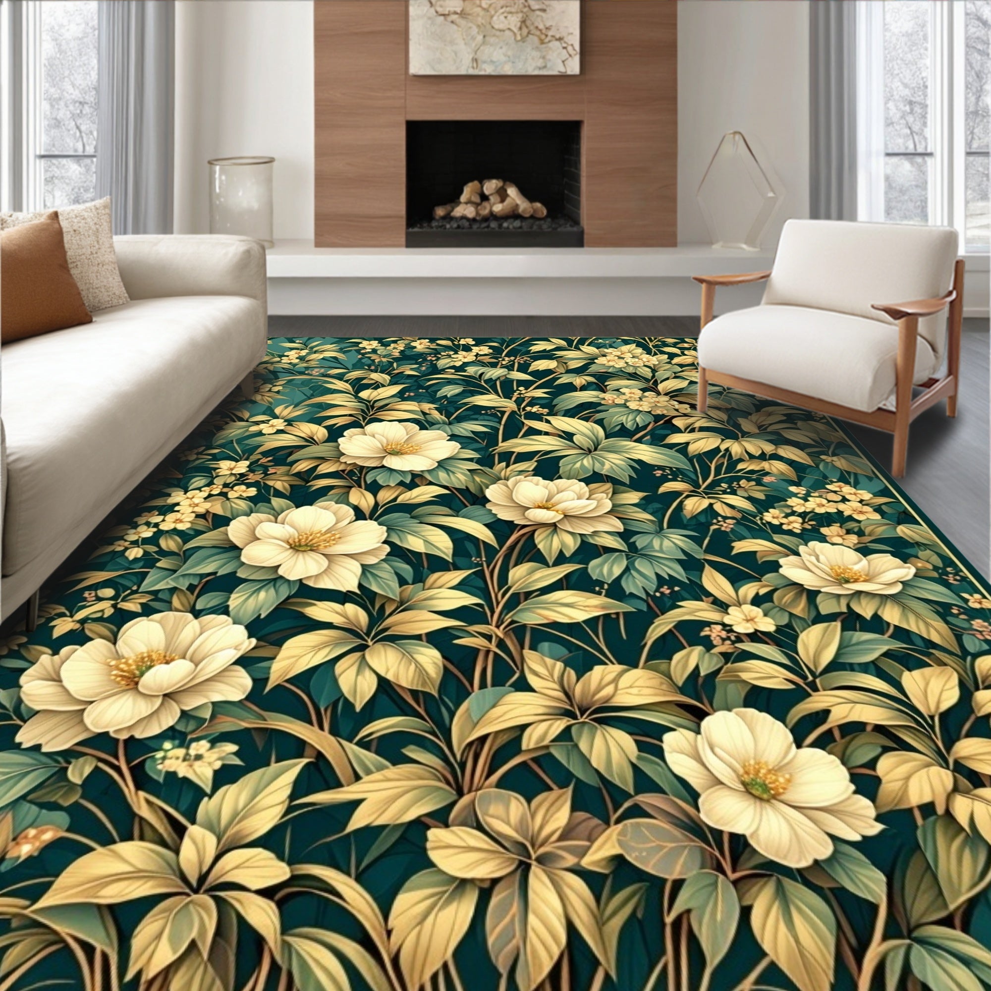 Cream Floral Botanical Pattern Tapestry Rug
