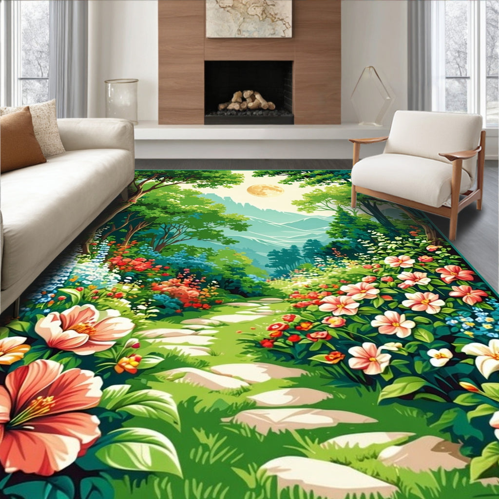 Enchanted Garden Path Floral Scene Rug