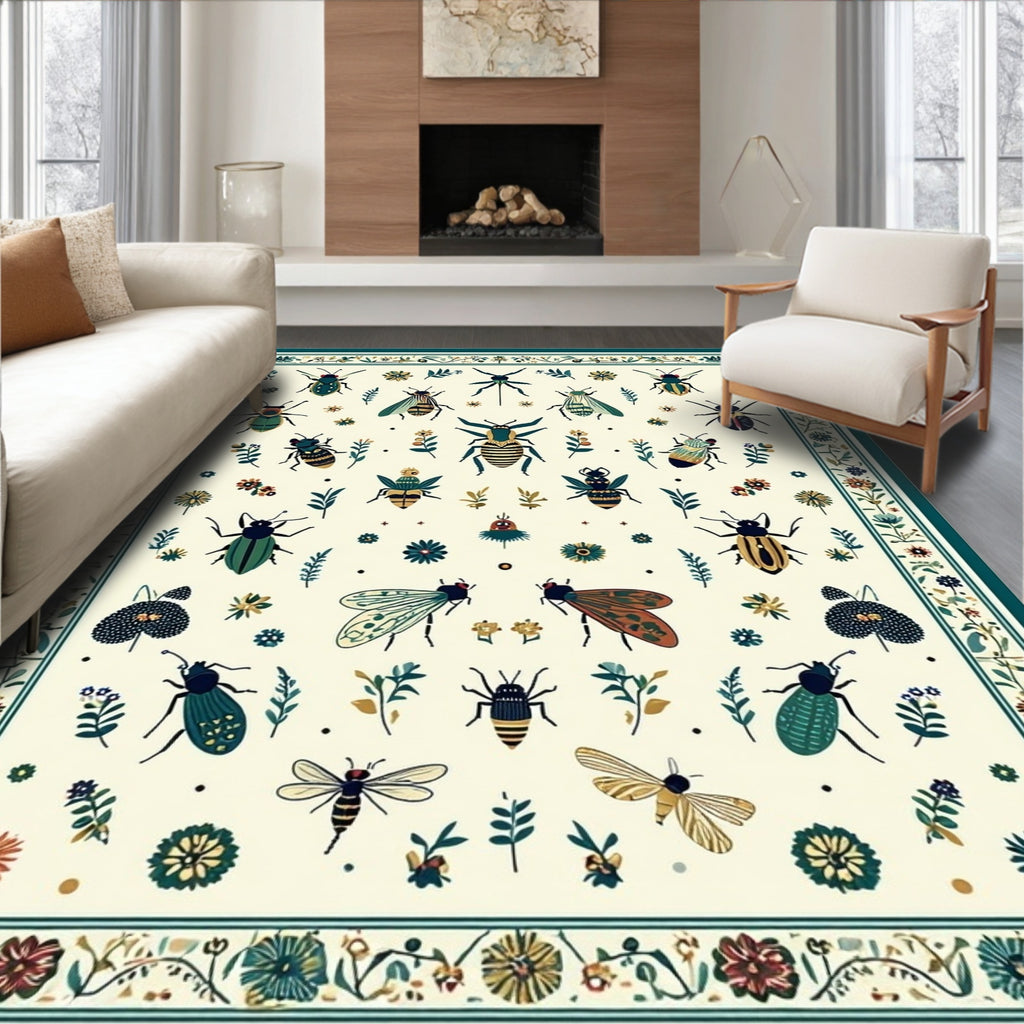 Whimsical Insect Floral Border Pattern Rug