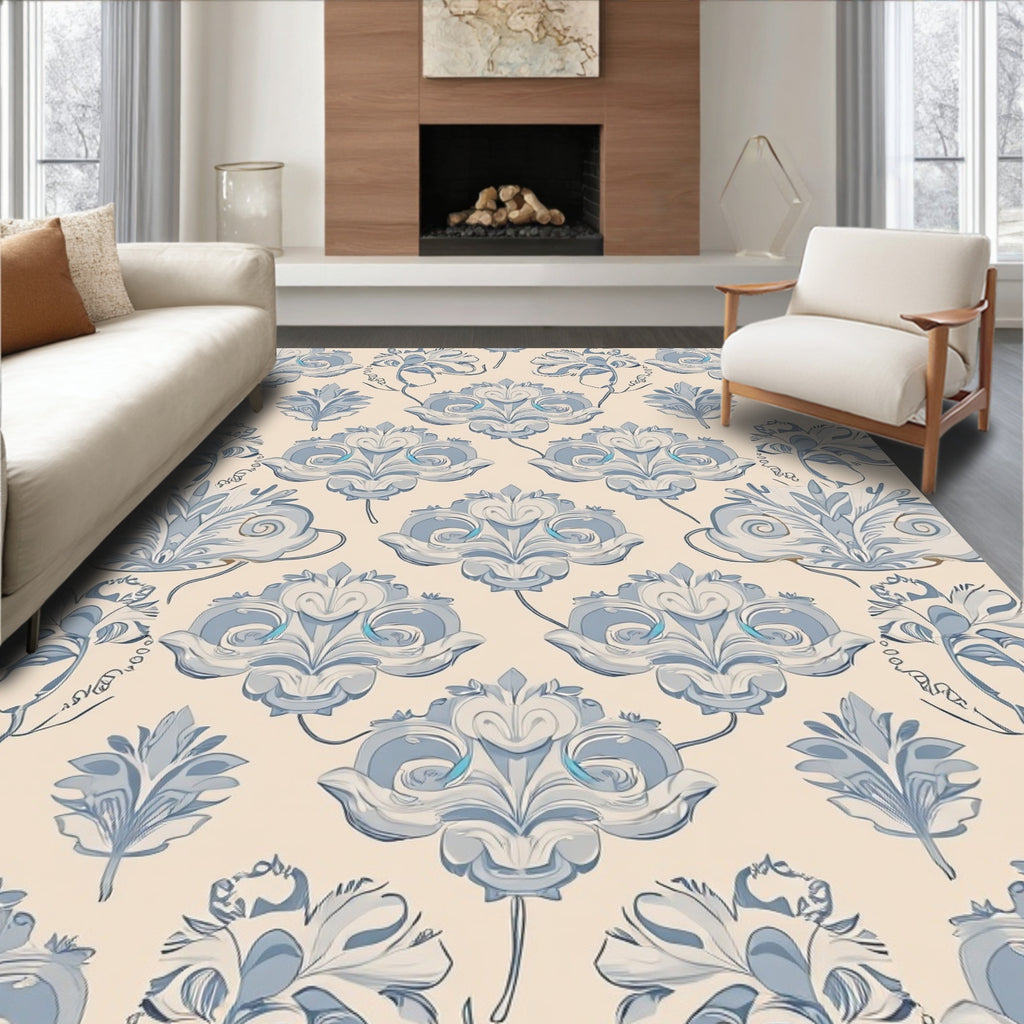 Pale Blue Cream Damask Floral Pattern Rug