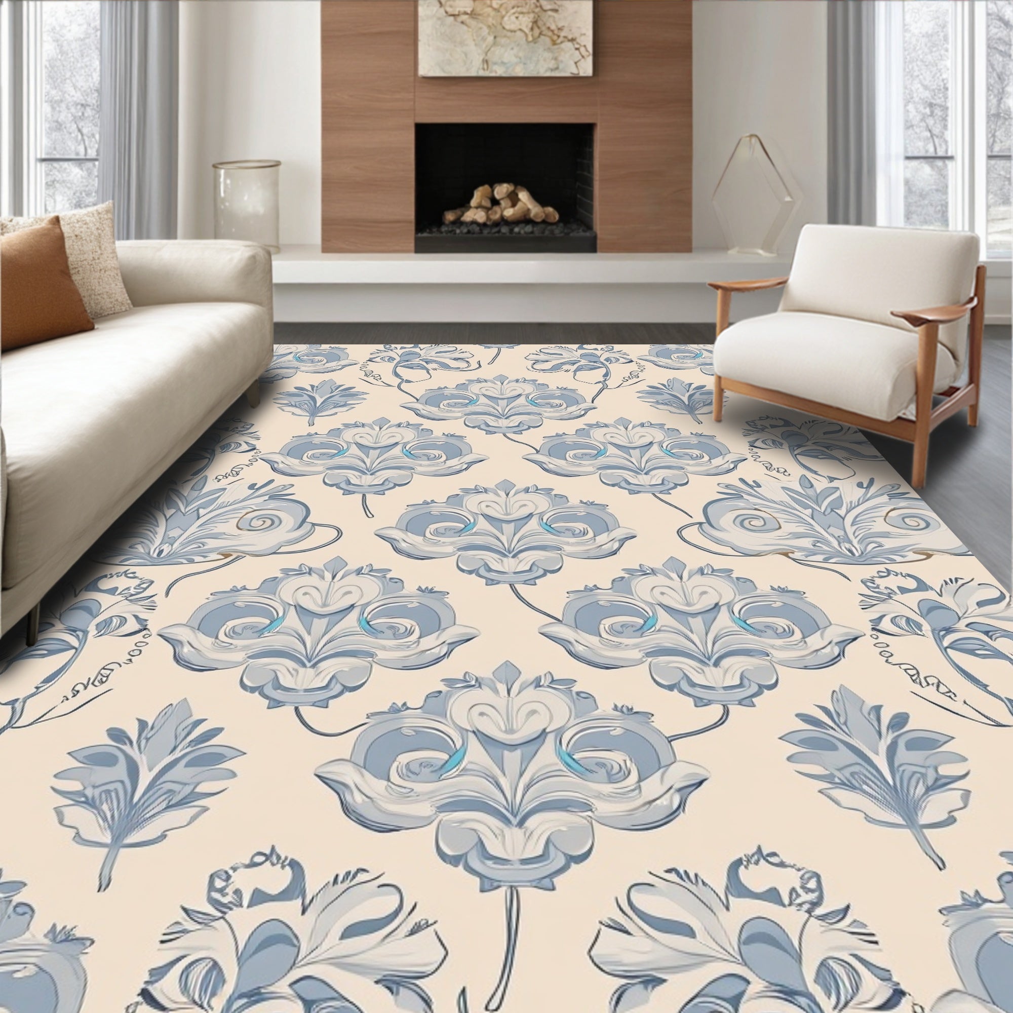Pale Blue Cream Damask Floral Pattern Rug