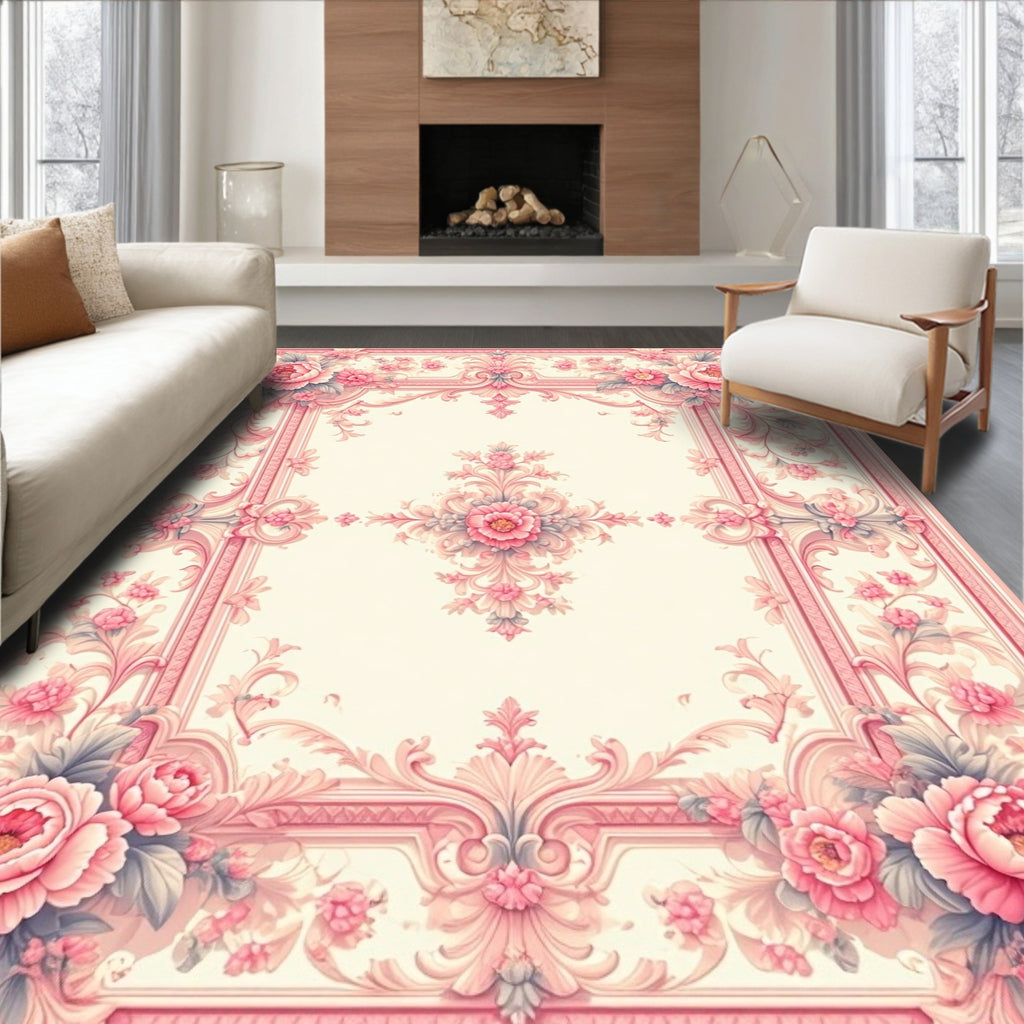 Elegant Pink Floral Scrollwork Pattern Rug
