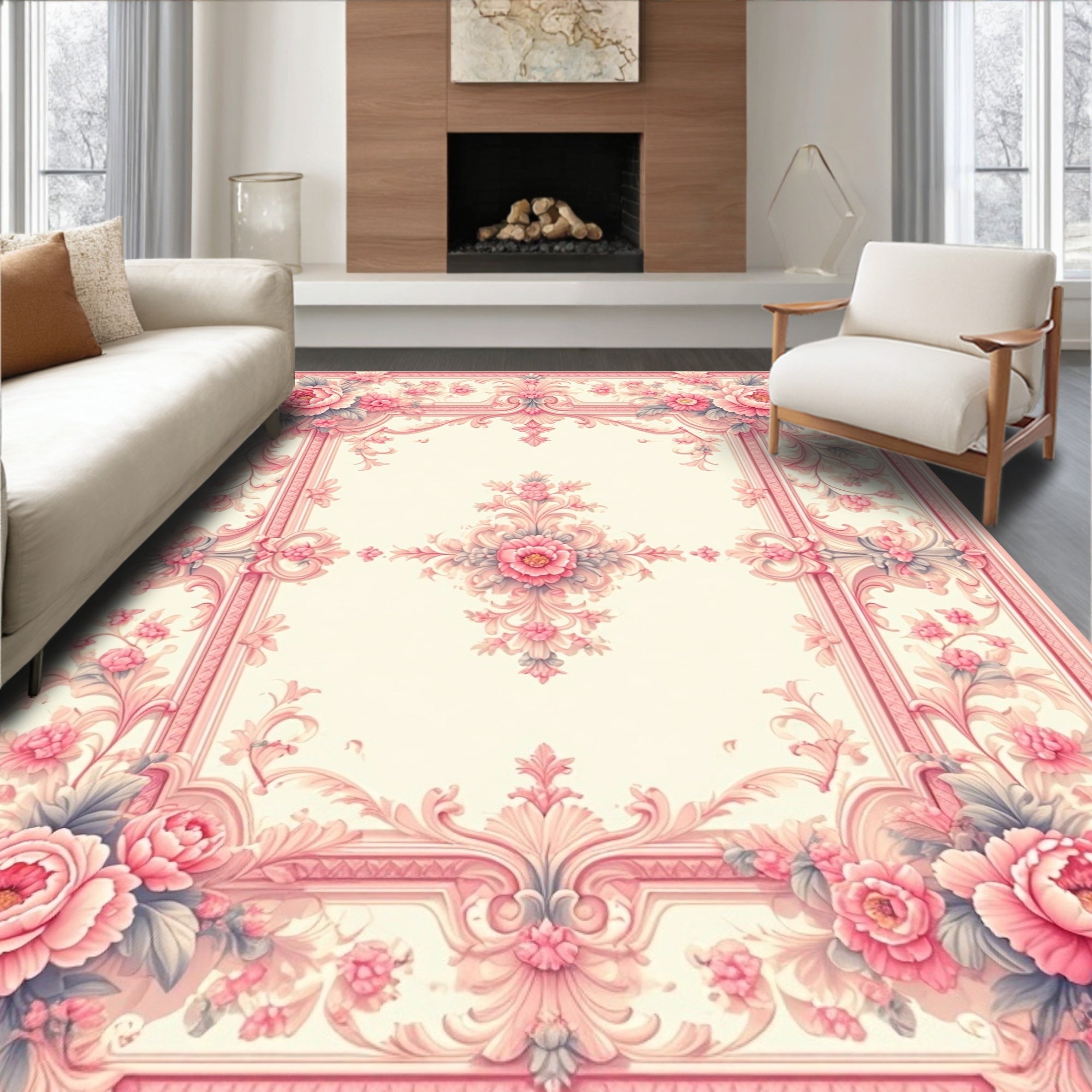 Elegant Pink Floral Scrollwork Pattern Rug