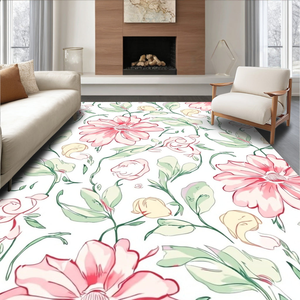 Pink Blossom Watercolor Floral Pattern Rug