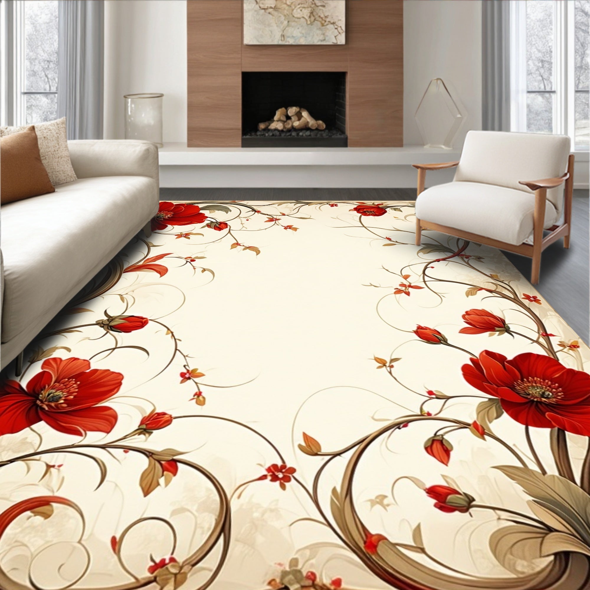 Red Floral Vine Elegant Border Rug