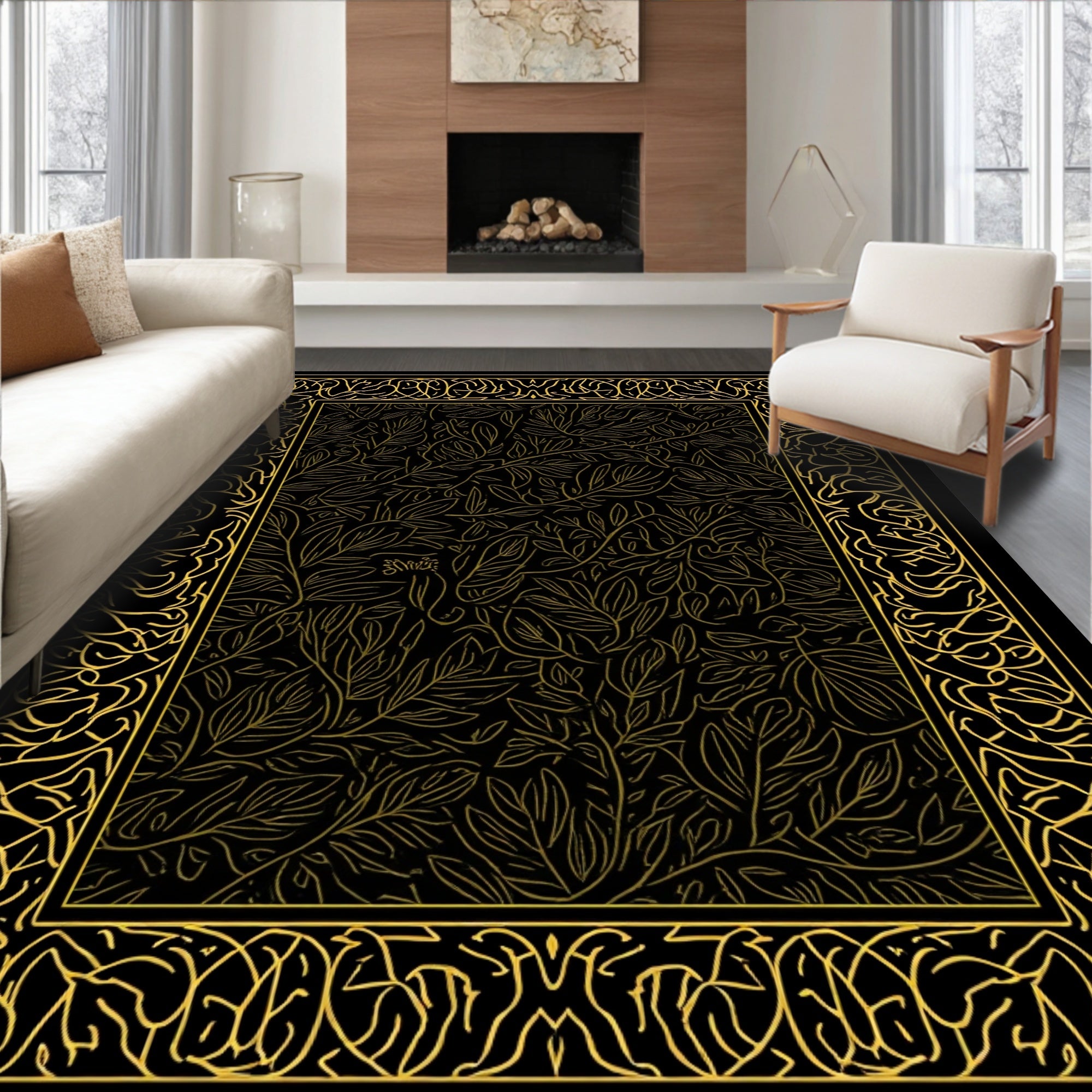 Ornate Leaf Pattern Border Rug
