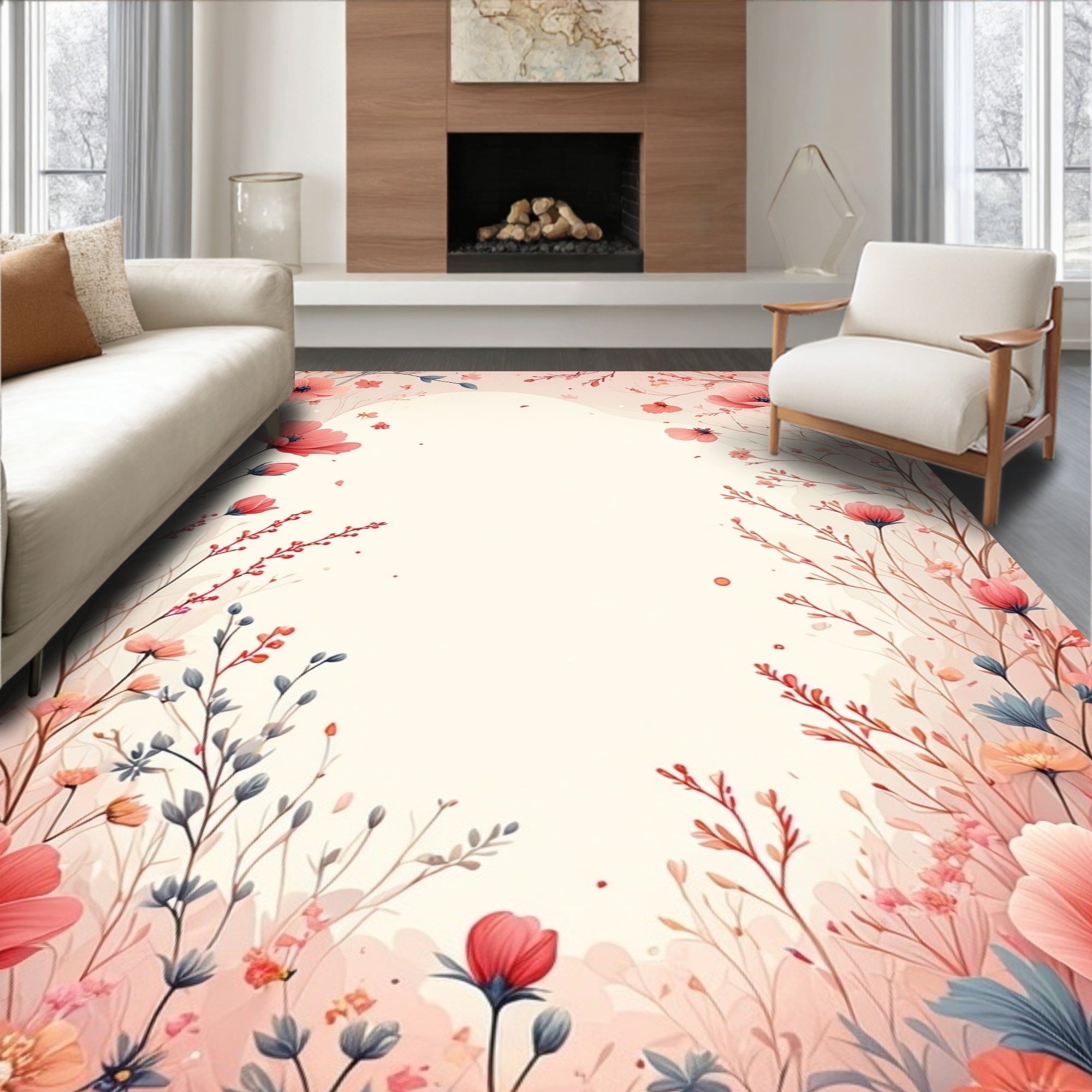 Soft Coral Floral Branches Pattern Rug