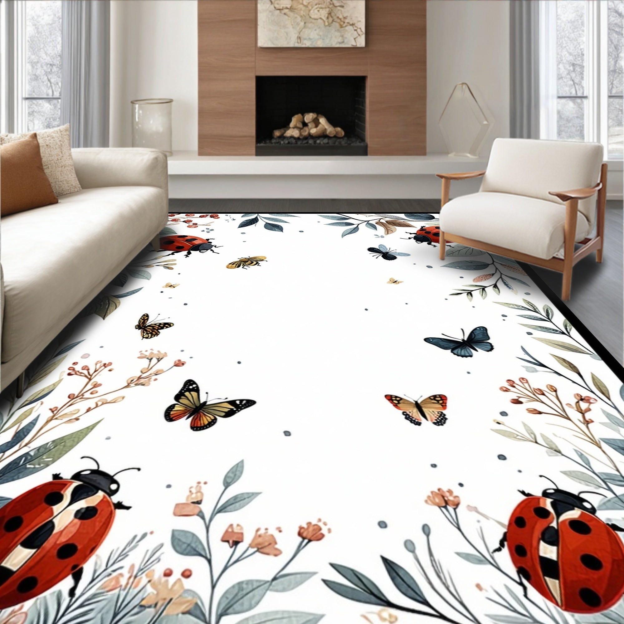 Whimsical Ladybug Butterfly Floral Arrangement Rug