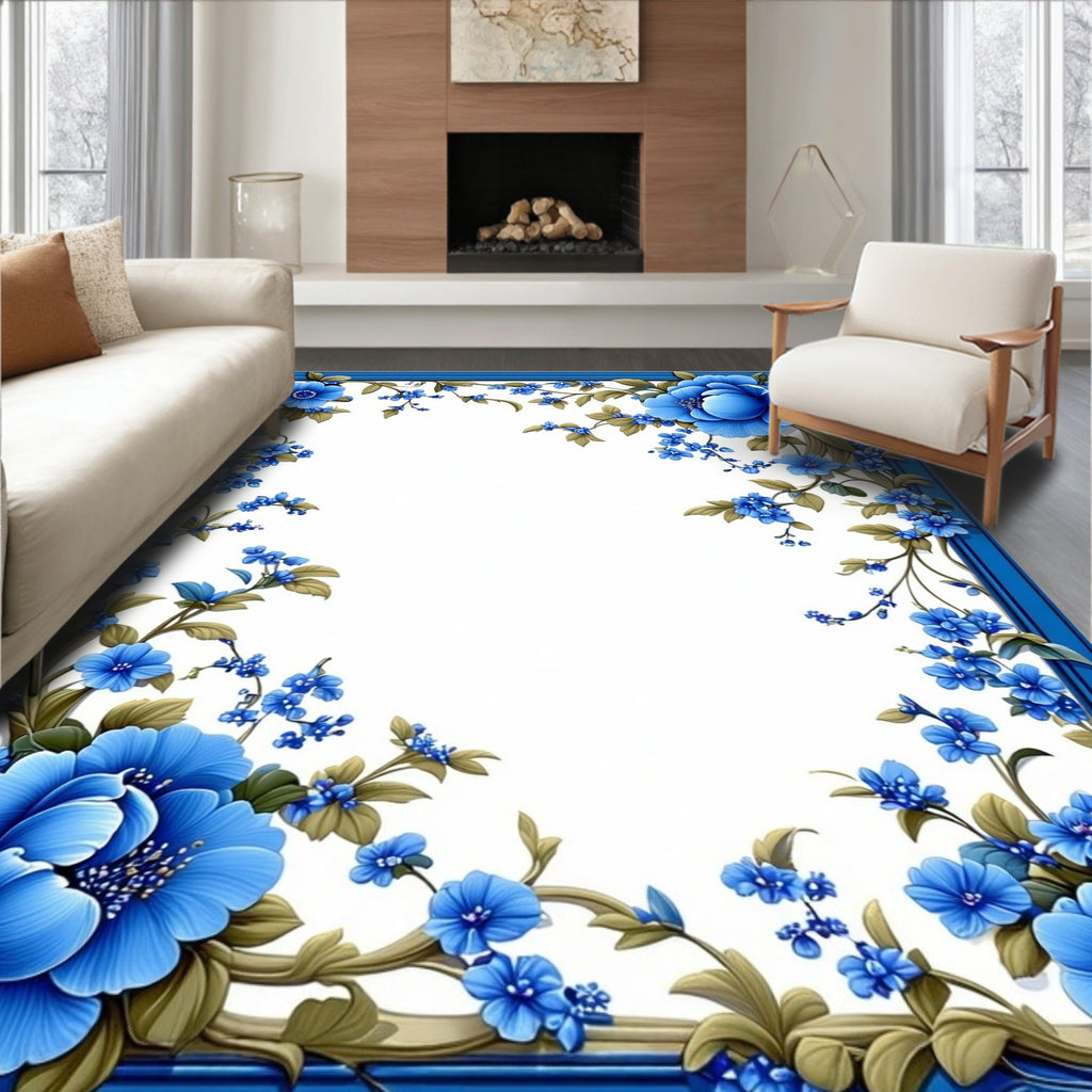 Delicate Blue Floral Vines Pattern Rug