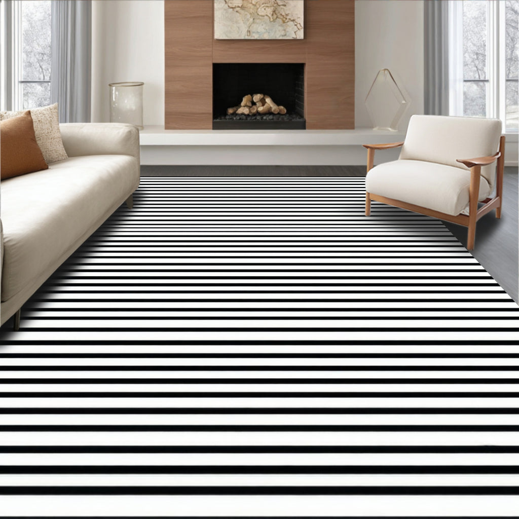 Thin Black White Striped Design Rug