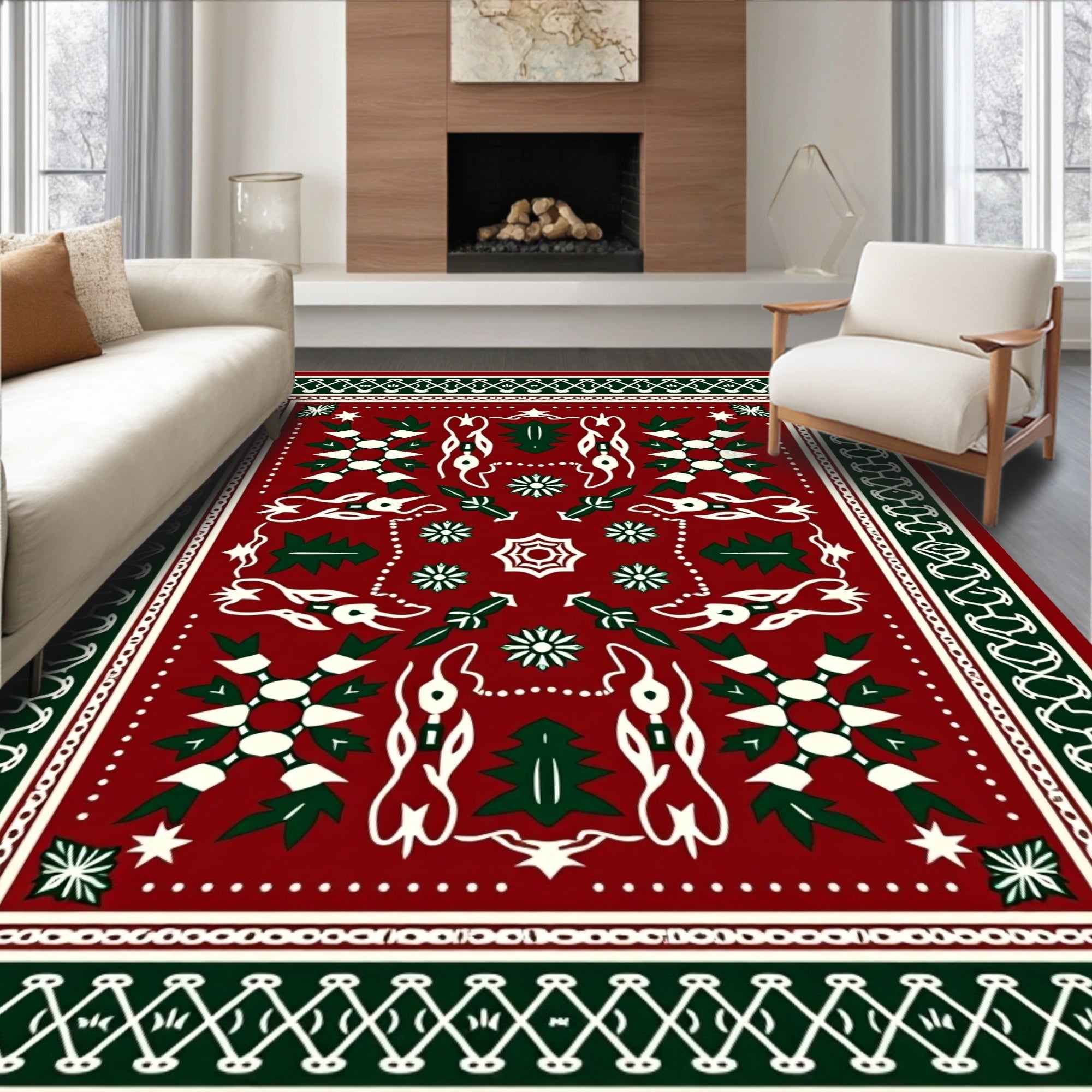 Crimson Green Folk Art Tree Medallion Rug