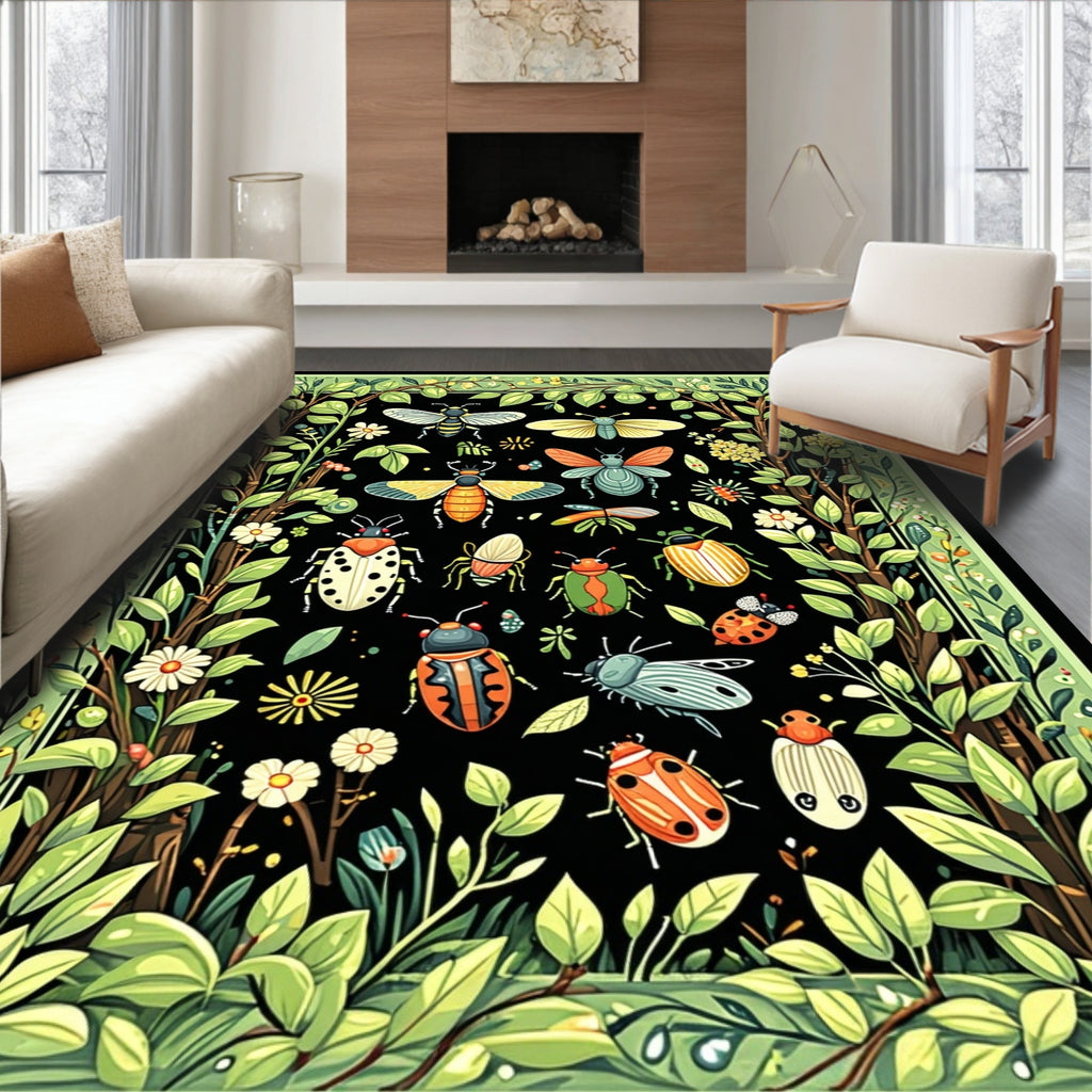 Whimsical Garden Insects Foliage Design Rug
