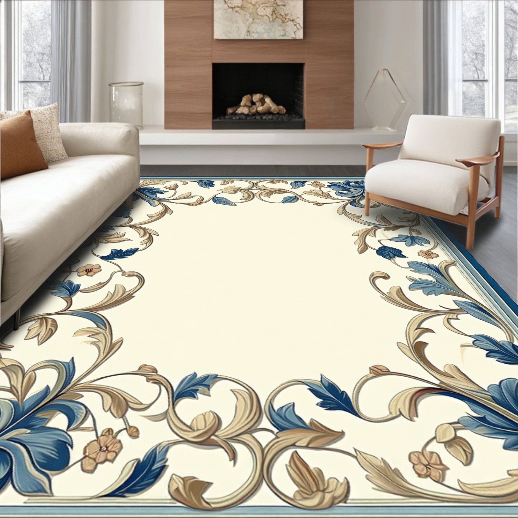 Ornate Blue Floral Scrollwork Pattern Rug
