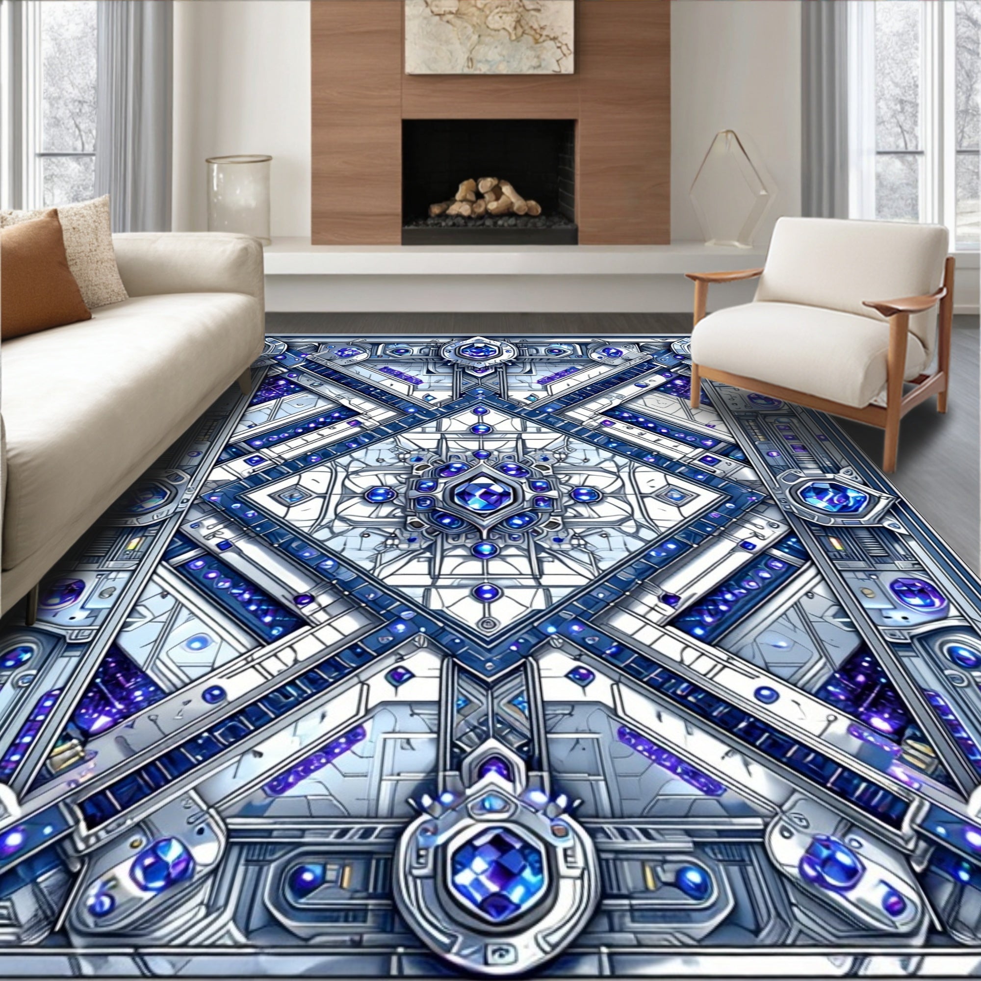 Intricate Blue Geometric Crystal Medallion Rug