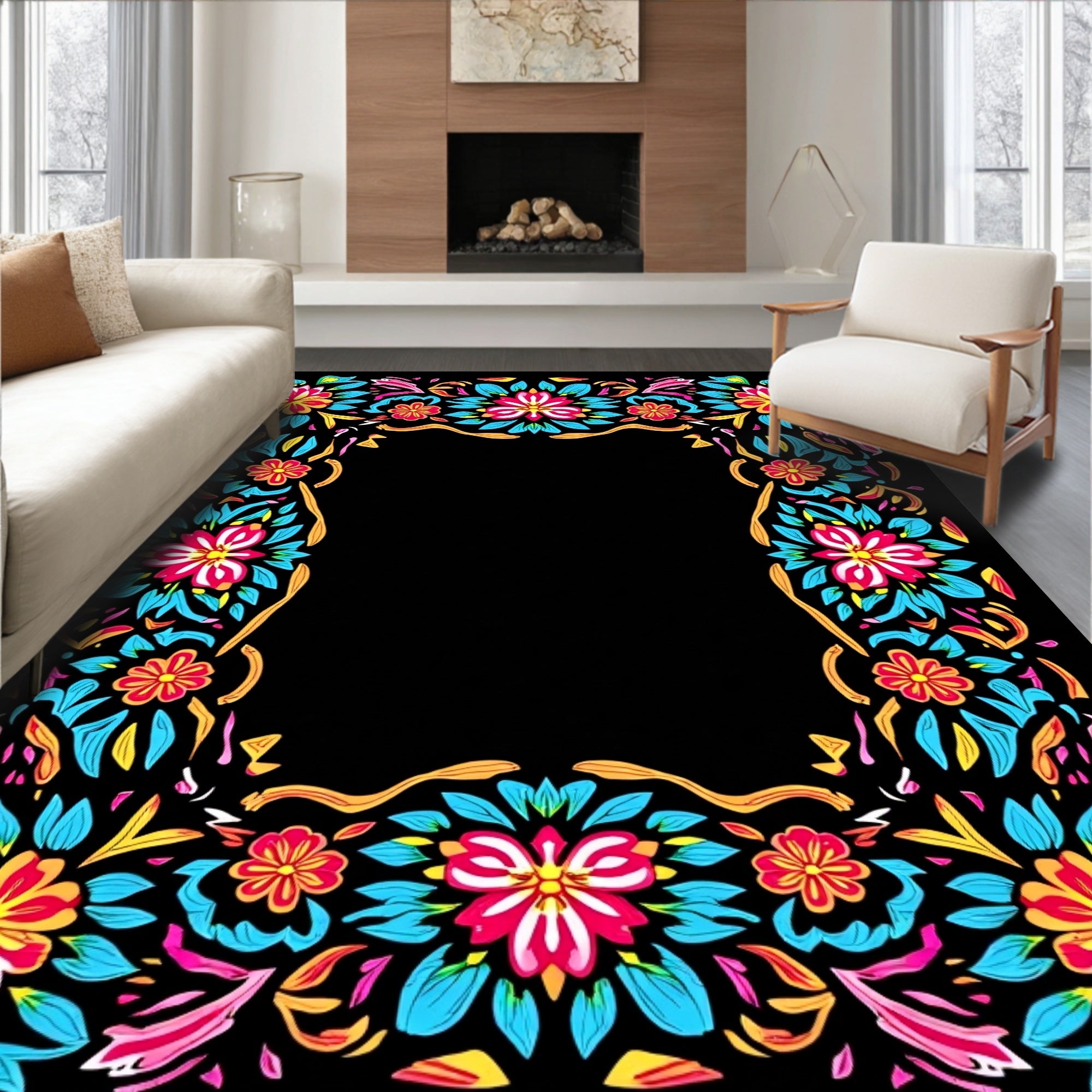 Vibrant Floral Border Design Rug