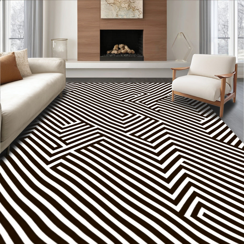 Bold Black White Geometric Stripe Rug