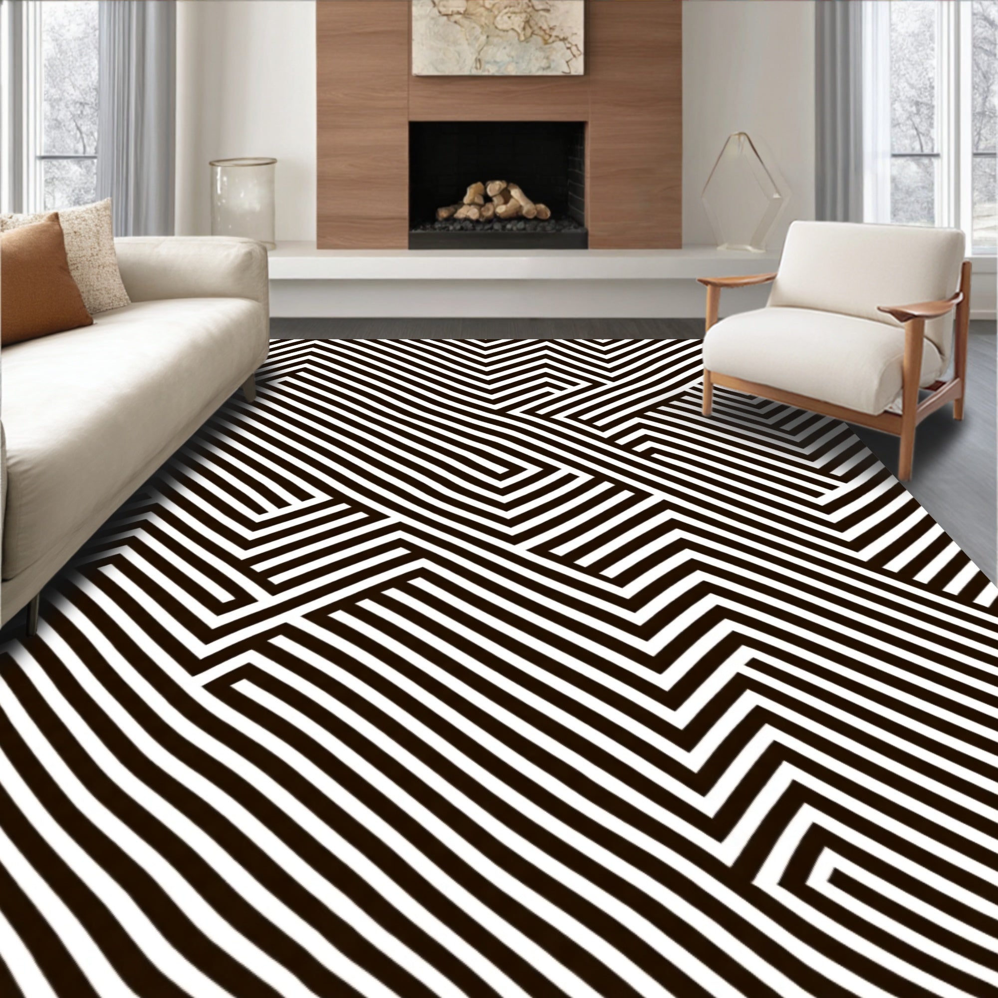 Bold Black White Geometric Stripe Rug