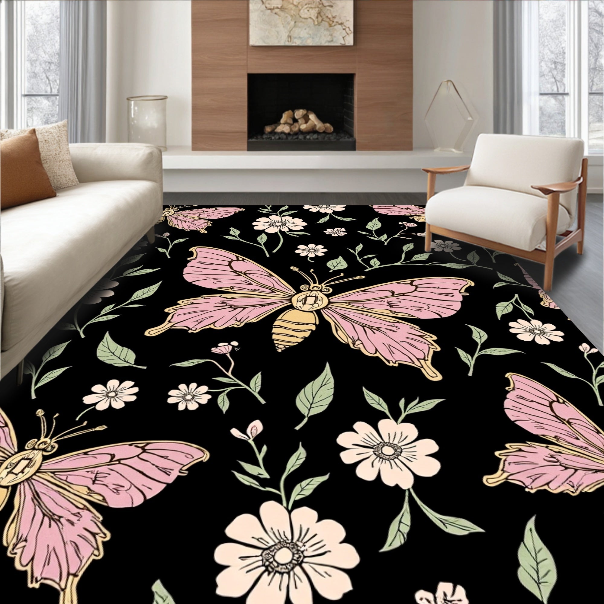 Pink Butterfly Flower Pattern Rug