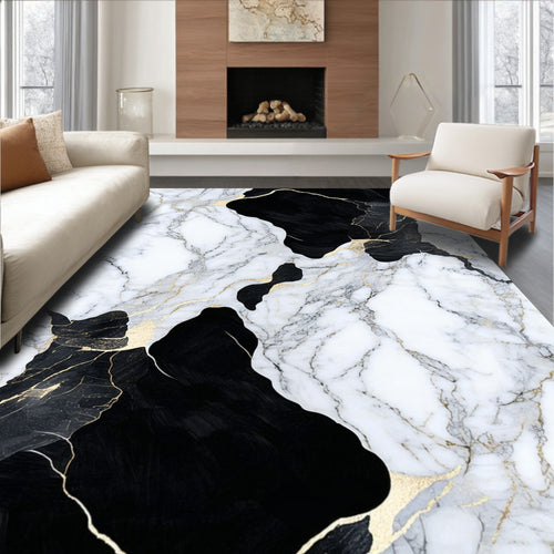 Abstract Marbled Black Gold Design Rug