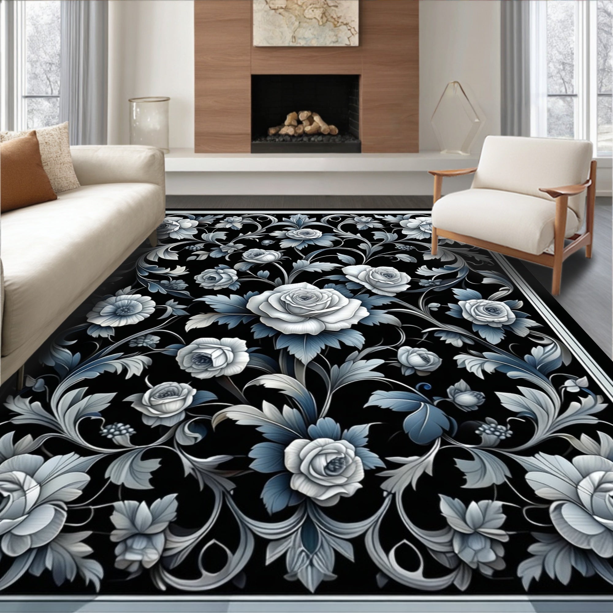 Tonal Gray Floral Flourish Design Rug