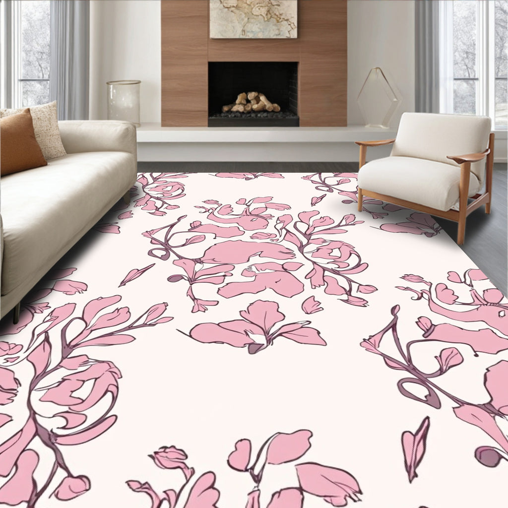 Floral Sketch Pink Nature Motifs Rug