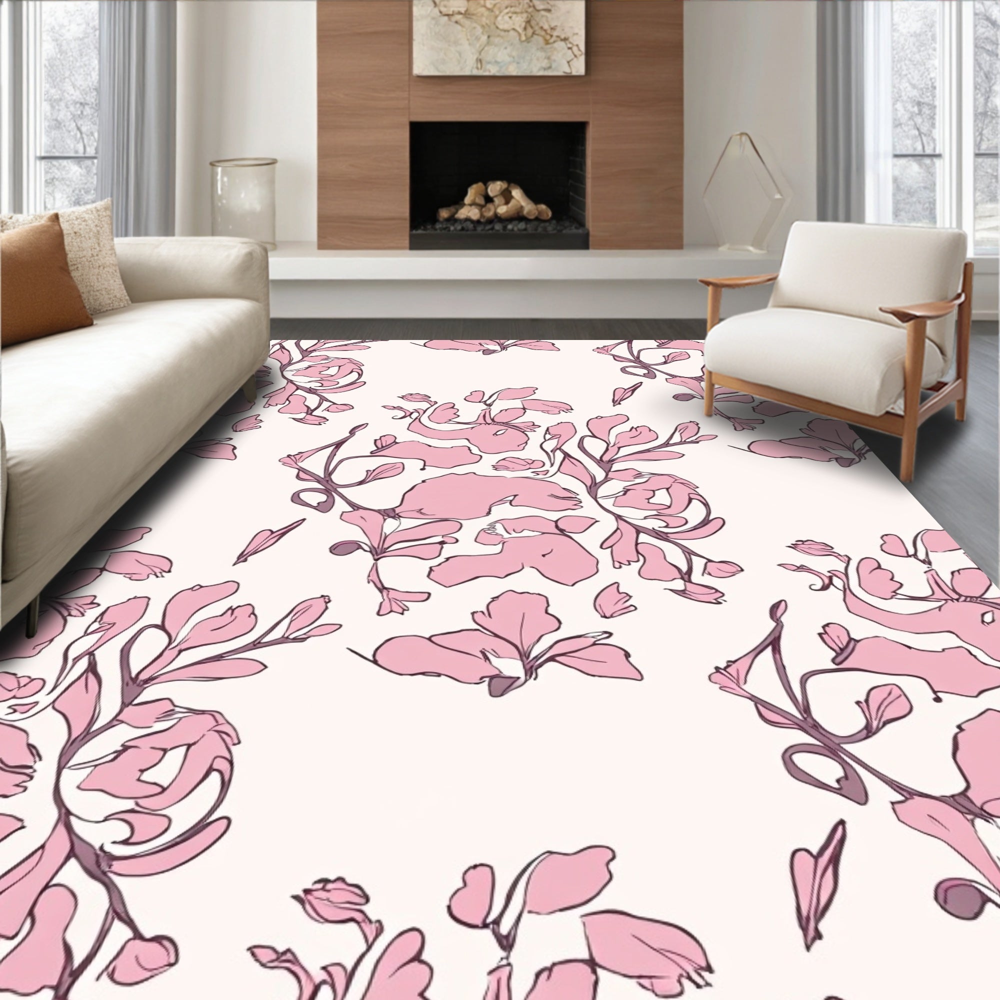 Floral Sketch Pink Nature Motifs Rug